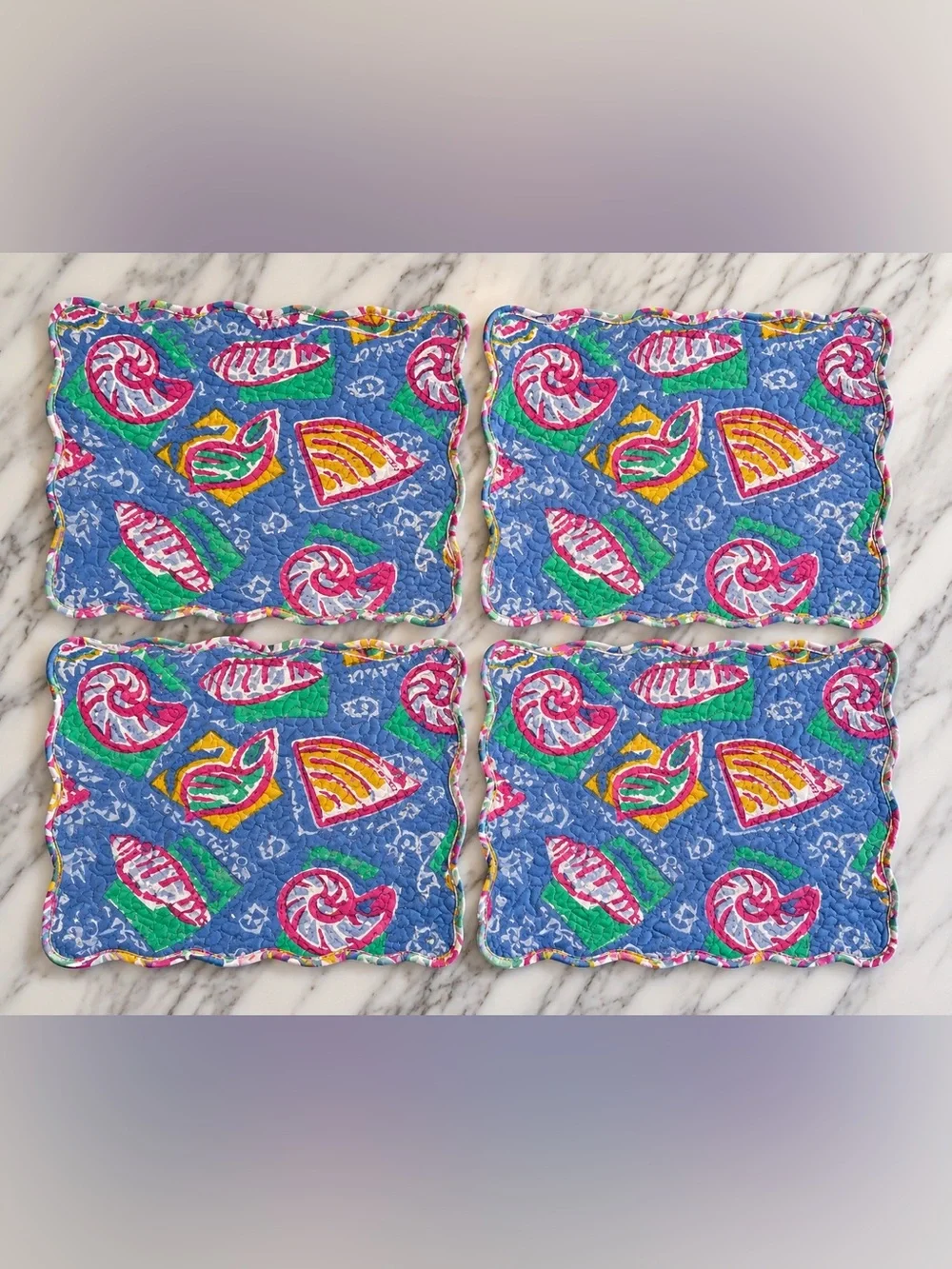 Vintage Coastal Seashell Quilted Placemats Set of 4- 100% Cotton